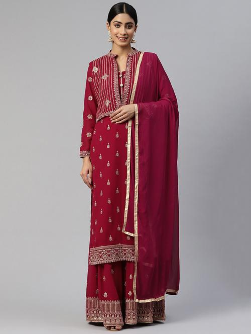 maroon embroidered semi-stitched suit - 19409402 - Very Small Image - 1