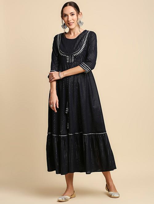 navy blue printed fit & flare ethnic dress - 19412102 - Very Small Image - 1