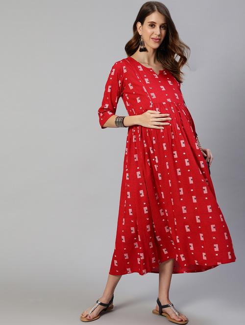 red printed a-line maternity dress - 19412126 - Very Small Image - 1
