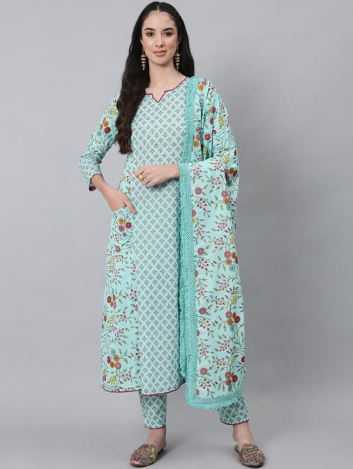 women printed kurta with trouser and dupatta set - 19412516 - Very Small Image - 1