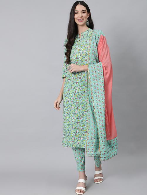 women printed kurta with trouser and dupatta set - 19412539 - Very Small Image - 1