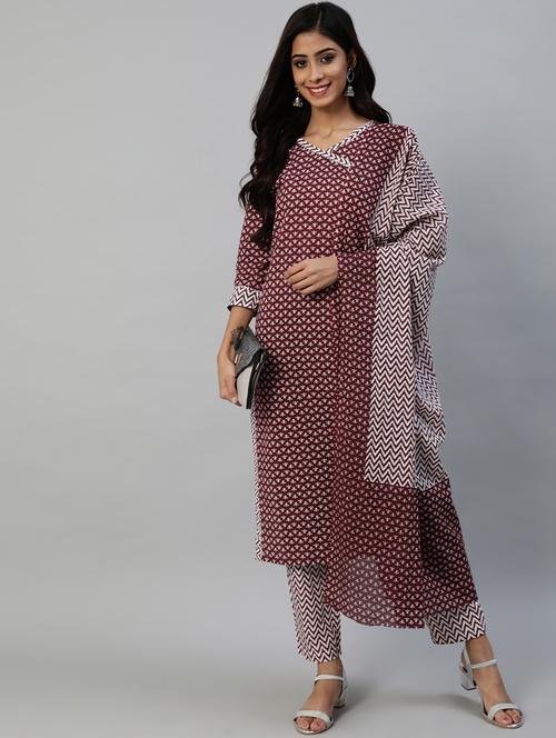 red printed kurta and pant set - 19412552 - Very Small Image - 1