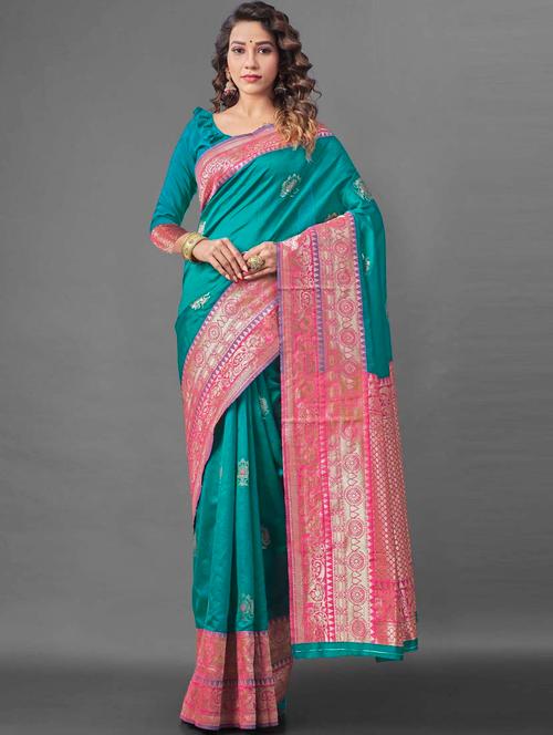 turquoise silk saree with blouse - 19413098 - Very Small Image - 1