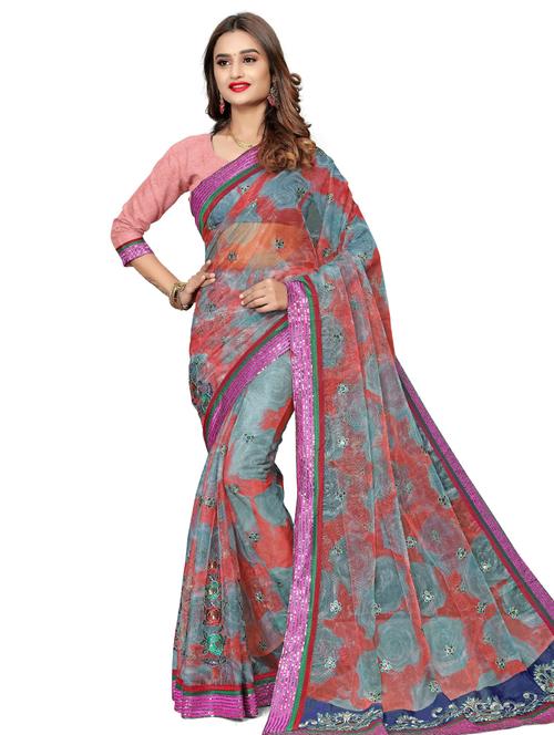 orange printed saree with blouse - 19413923 - Very Small Image - 1