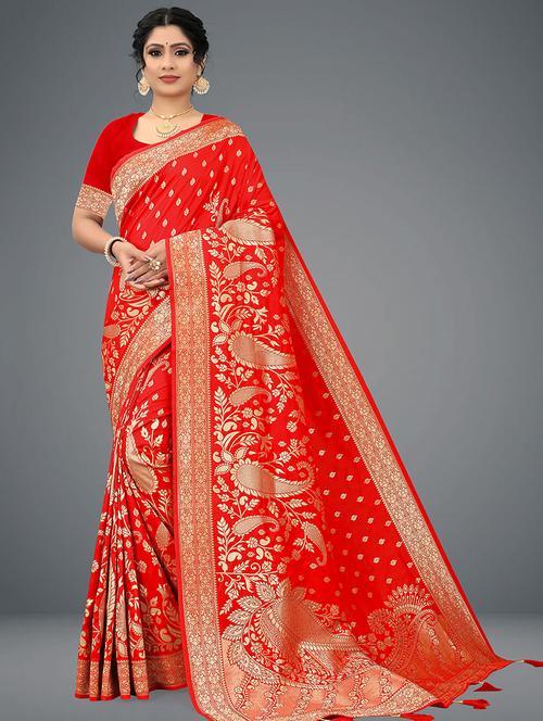 red self design saree with blouse - 19413983 - Very Small Image - 1