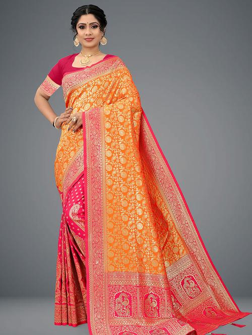 orange self design saree with blouse - 19414005 - Very Small Image - 1