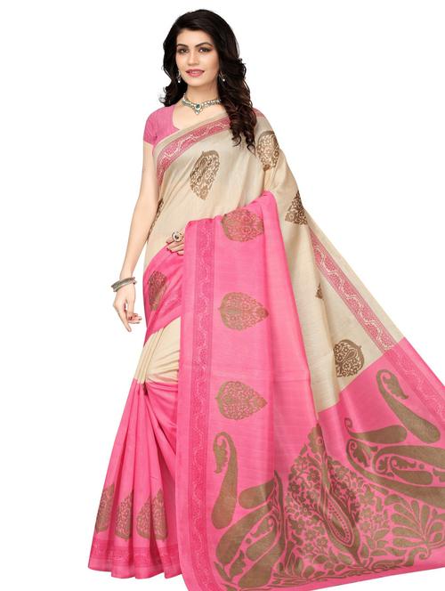 contrast bordered printed saree with blouse - 19414140 - Very Small Image - 1