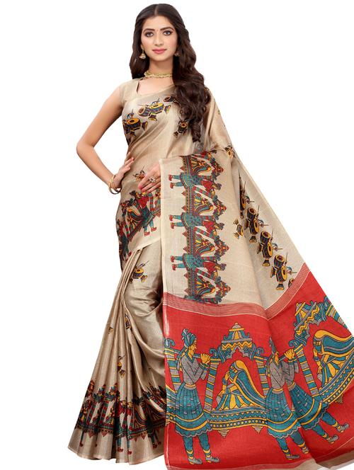 contrast bordered printed saree with blouse - 19414151 - Very Small Image - 1