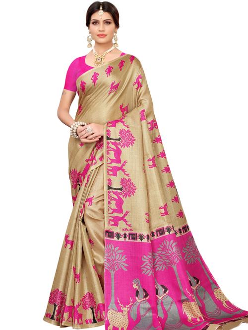 contrast bordered printed saree with blouse - 19414153 - Very Small Image - 1