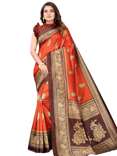 contrast bordered printed saree with blouse - 19414165 - Very Small Image - 1