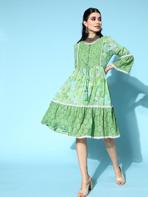 green printed a-line dress - 19414297 - Very Small Image - 1
