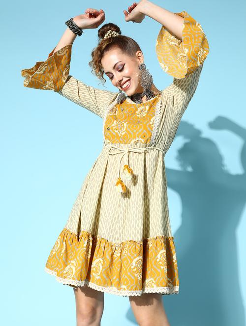 yellow printed a-line dress - 19414299 - Very Small Image - 1