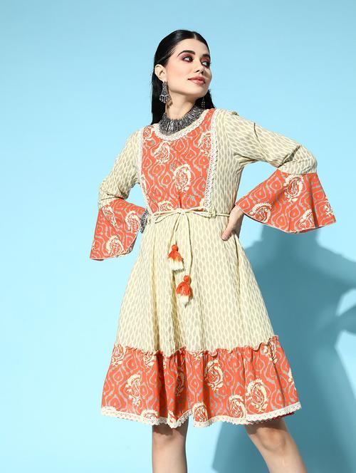 orange printed a-line dress - 19414300 - Very Small Image - 1