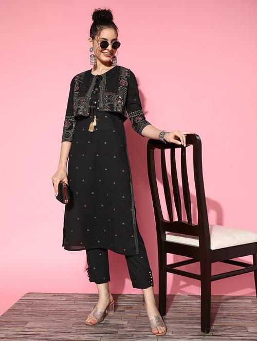 embroidered straight kurta pant set with attached jacket - 19414350 - Very Small Image - 1