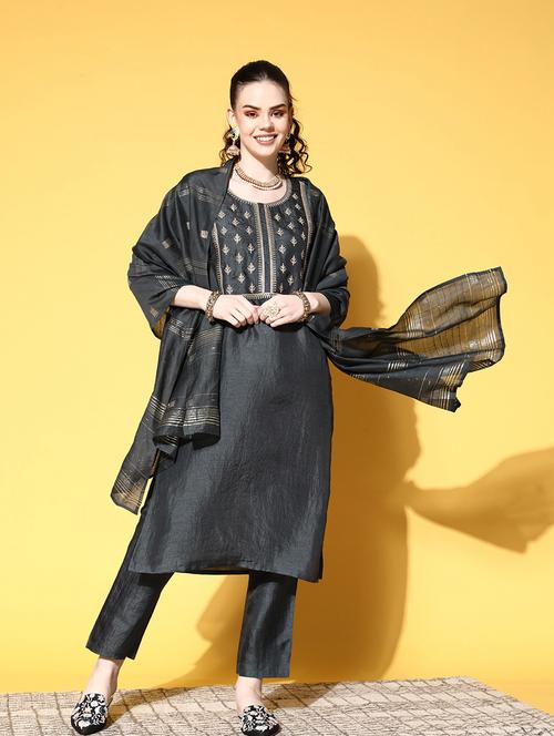 neck embroidered kurta pant set with dupatta - 19414371 - Very Small Image - 1