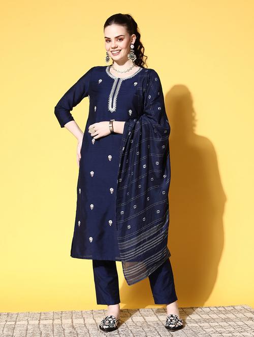 neck embroidered kurta pant set with dupatta - 19414376 - Very Small Image - 1