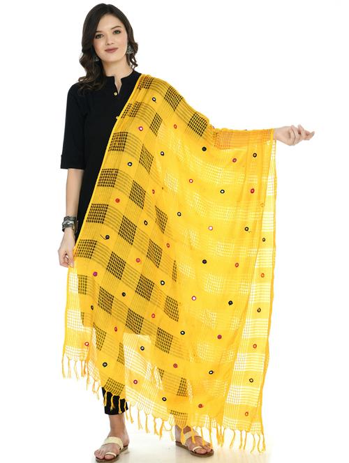 yellow self design mirror work dupatta - 19417146 - Very Small Image - 1