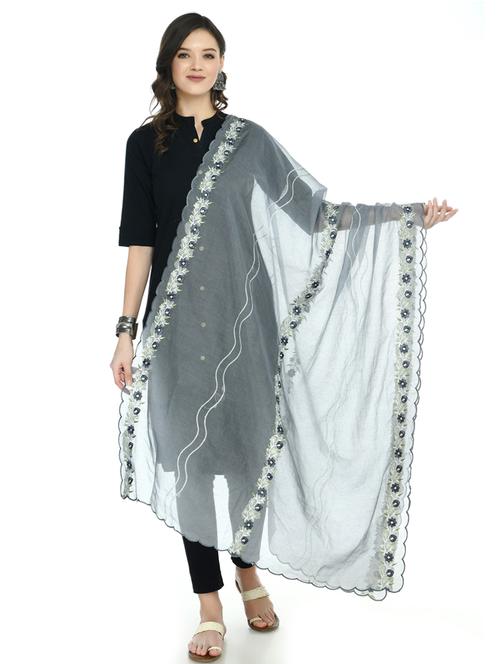 grey floral embroidered dupatta - 19417194 - Very Small Image - 1