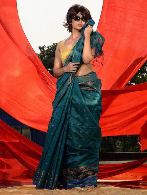 teal handloom saree with blouse - 19417621 - Very Small Image - 1