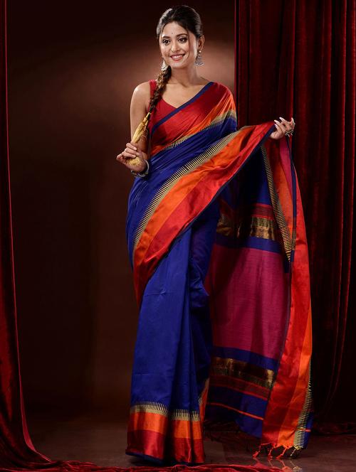 blue cotton silk handloom saree with blouse - 19417632 - Very Small Image - 1