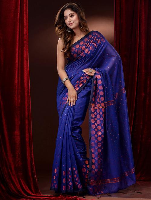 blue cotton blend handloom saree with blouse - 19417681 - Very Small Image - 1