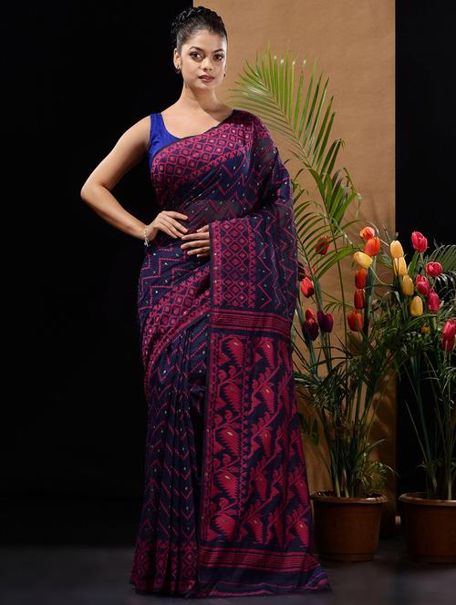 women's self design blue colored saree with blouse - 19417793 - Very Small Image - 1