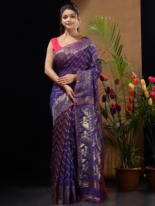 purple cotton handloom saree with blouse - 19417805 - Very Small Image - 1