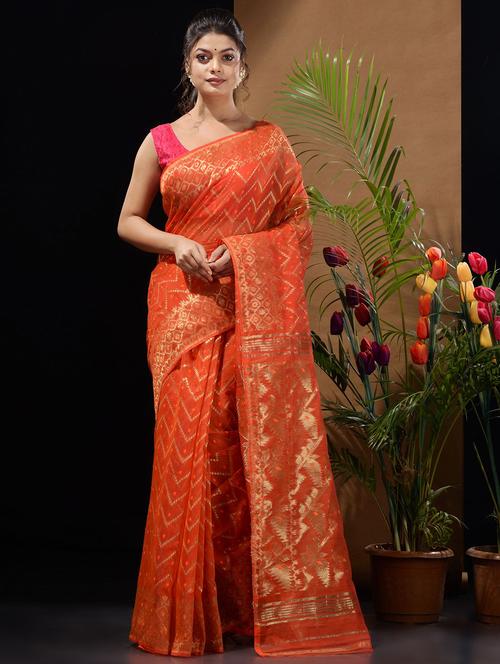 orange cotton handloom saree with blouse - 19417810 - Very Small Image - 1