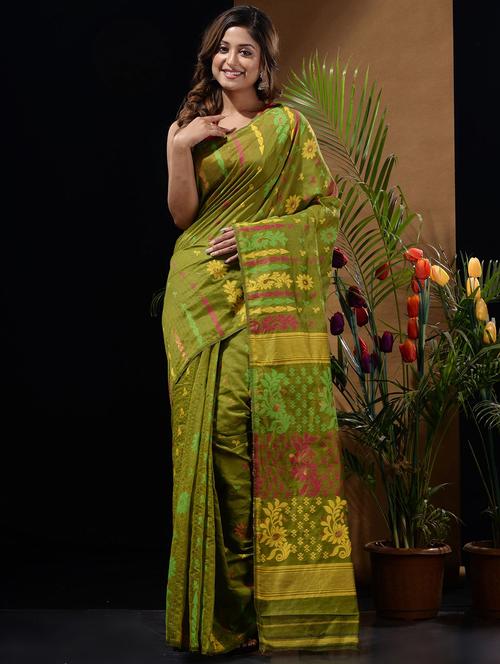 women's self design olive colored saree with blouse - 19417864 - Very Small Image - 1