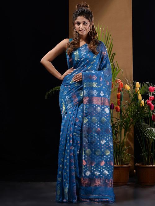 women's self design blue colored saree with blouse - 19417901 - Very Small Image - 1