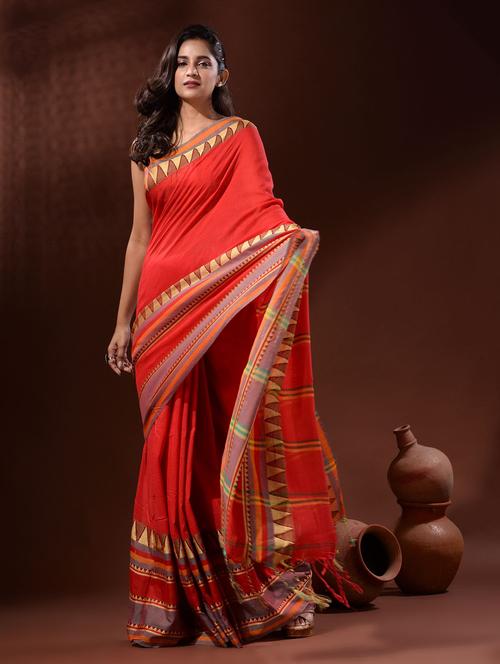 red cotton handloom saree - 19417924 - Very Small Image - 1