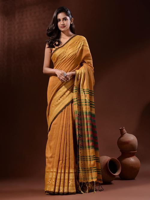yellow cotton handloom saree with blouse - 19417934 - Very Small Image - 1