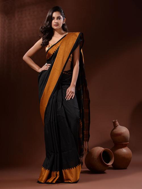 black cotton handloom saree with blouse - 19417948 - Very Small Image - 1