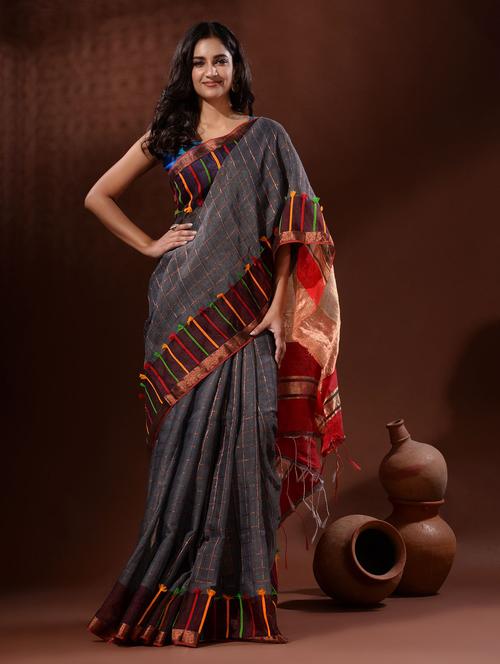 grey cotton silk handloom saree with blouse - 19417958 - Very Small Image - 1