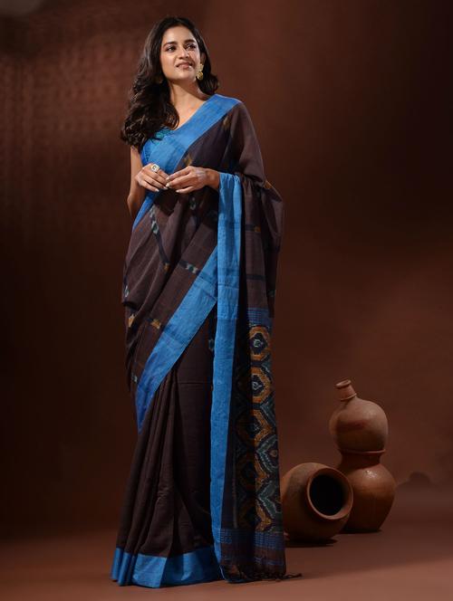 brown cotton handloom saree with blouse - 19418005 - Very Small Image - 1