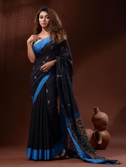 black cotton handloom saree with blouse - 19418006 - Very Small Image - 1