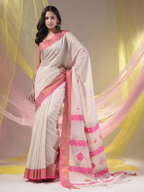 white cotton blend handloom saree - 19418200 - Very Small Image - 1