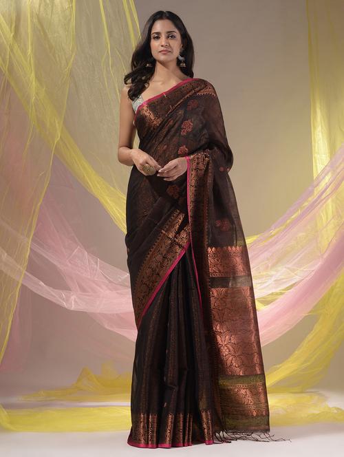 black cotton blend handloom saree with blouse - 19418205 - Very Small Image - 1
