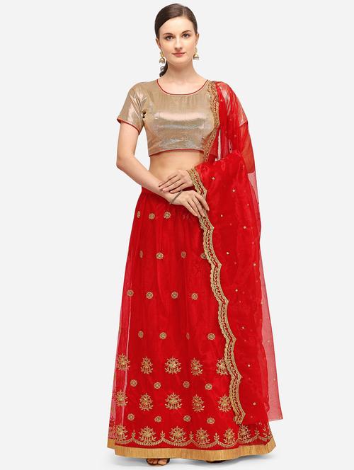 red embroidered semi-stitched lehenga - 19421854 - Very Small Image - 1