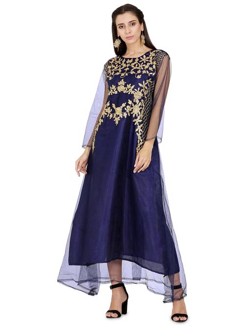 dark embroidered net fit & flare gown - 19422525 - Very Small Image - 1