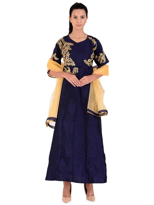 dark blue embroidered fit & flare gown - 19422592 - Very Small Image - 1