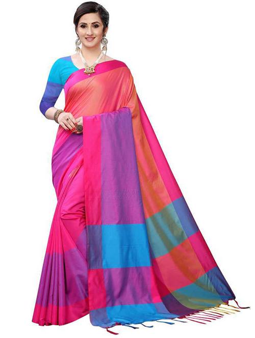 cotton silk colored blocked saree with blouse - 19423833 - Very Small Image - 1