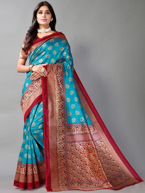 women's self design blue colored saree with blouse - 19423863 - Very Small Image - 1
