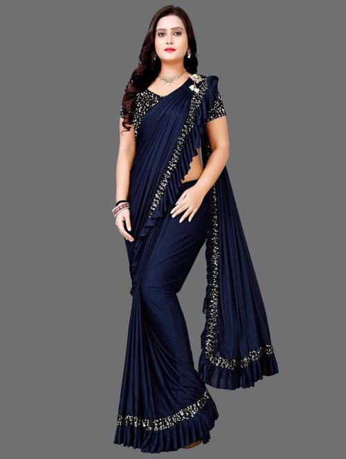 women's solid with work navy blue colored saree with blouse - 19423976 - Very Small Image - 1