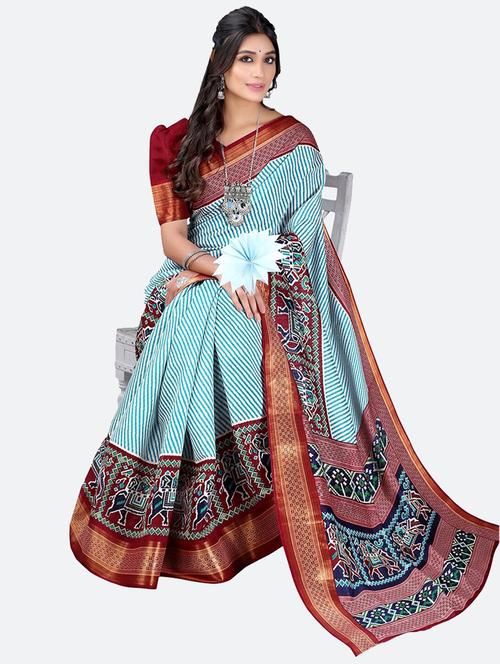 contrast bordered printed saree with blouse - 19424108 - Very Small Image - 1