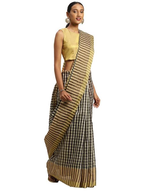 women's checks black colored saree with blouse - 19424190 - Very Small Image - 1