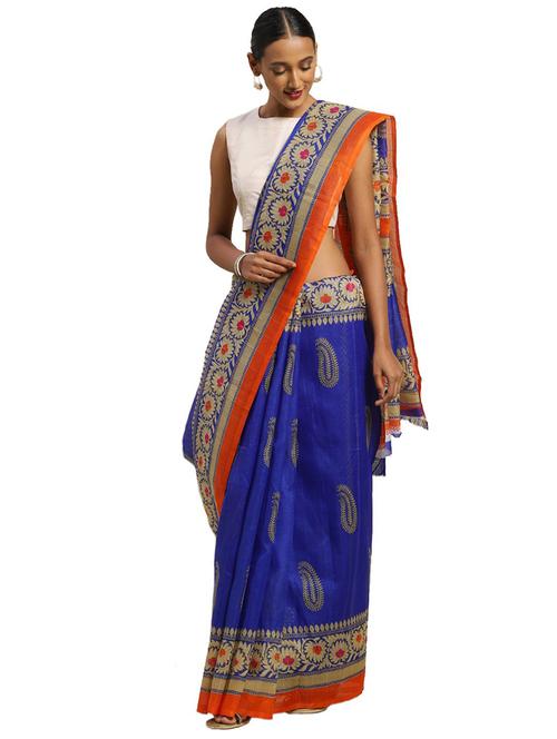 contrast bordered woven saree with blouse - 19424193 - Very Small Image - 1