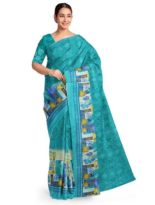 women's printed turquoise colored saree with blouse - 19427232 - Very Small Image - 1