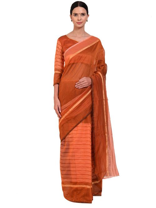 women's stripes orange colored saree with blouse - 19430252 - Very Small Image - 1