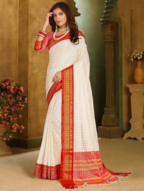 checkered printed saree with blouse - 19431648 - Very Small Image - 1